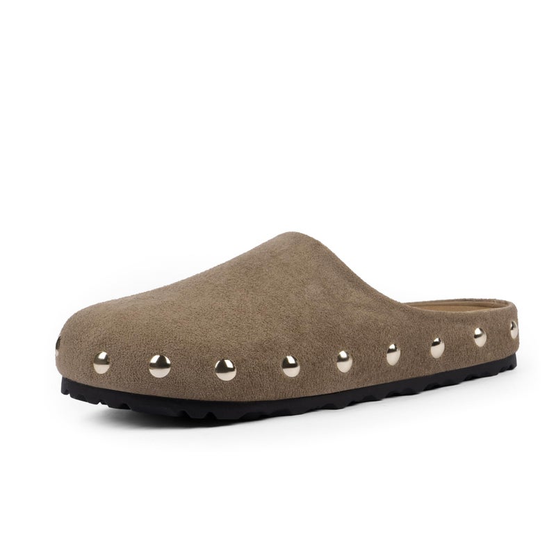 QIY Womens Faux Suede Clogs Slip on Studded Mules Comfortable Footbed Mule Taupe Potato Shoes for Women Size 7 - Image 1
