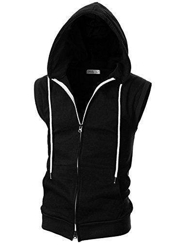 Ohoo Mens Slim Fit Sleeveless Lightweight Zip-up Hooded Vest 2 Way Zipper Hoodie Sweatshirt / DCF011-BLACK-M - Image 1