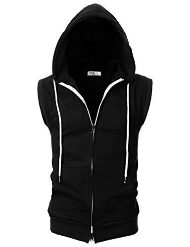 Ohoo Mens Slim Fit Sleeveless Lightweight Zip-up Hooded Vest 2 Way Zipper Hoodie Sweatshirt / DCF011-BLACK-M - Image 2