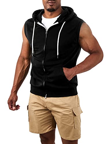 Ohoo Mens Slim Fit Sleeveless Lightweight Zip-up Hooded Vest 2 Way Zipper Hoodie Sweatshirt / DCF011-BLACK-M - Image 4