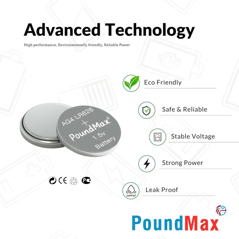 PoundMax 10 X AG4 376/377 LR66 SR626 SR626SW 1.5V Alkaline Button Cell Battery - Image 2
