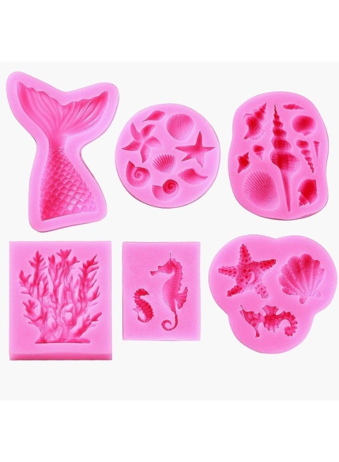6Pcs Marine Theme Silicone Mold, DIY Handmade Baking Tools, Fondant Silicone Mold, Food Grade Silicone Cake Molds, Seashell, Conch, Fish Tail, Seahorse, Starfish, Coral, for Making Cake, Chocolate - Image 1