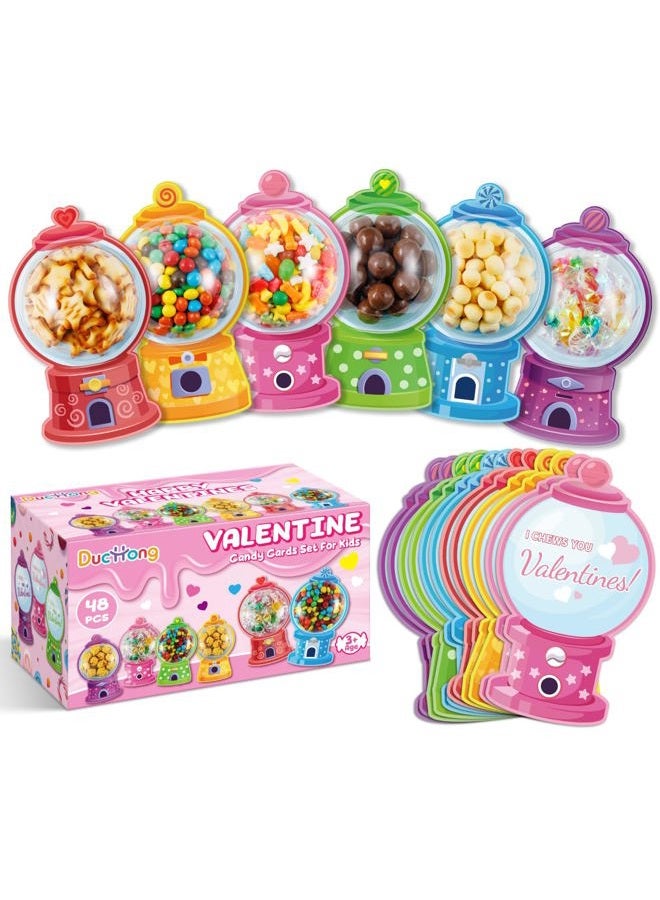 Duchong Valentines Day Cards for Kids Classroom, 48 Pack Valentines Candy Cards with Craft Treat Holder, DIY Kids Valentine's Day Exchange Gifts for Boys Girls Toddler School Rewards Party Supplies - Image 1