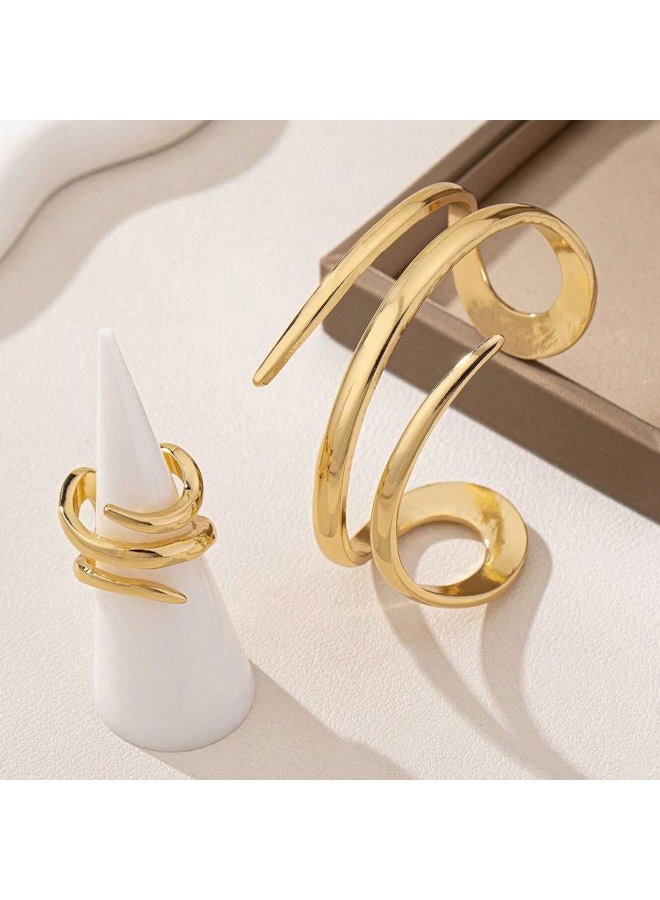 Decixde Gold Jewelry Sets for Women Bangle Ring Set Chunky Bangle Bracelet And Ring Statement Jewelry Set for Women, adjustable, Metal, No Gemstone - Image 3