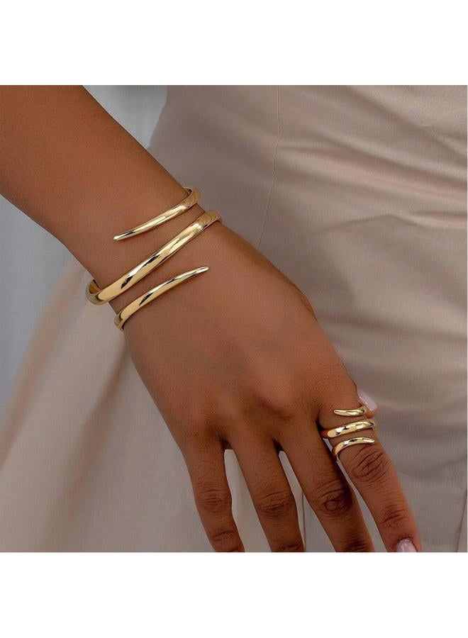 Decixde Gold Jewelry Sets for Women Bangle Ring Set Chunky Bangle Bracelet And Ring Statement Jewelry Set for Women, adjustable, Metal, No Gemstone - Image 2