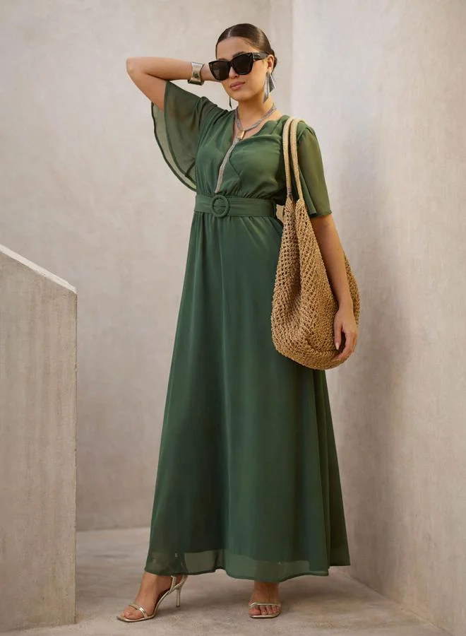 SASSAFRAS Green V-Neck Short Sleeve Belted Maxi Dress