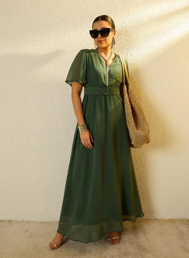 SASSAFRAS Green V-Neck Short Sleeve Belted Maxi Dress