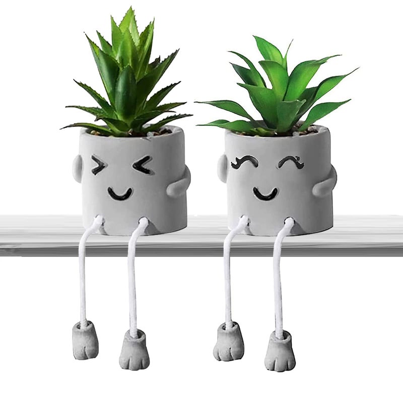 Funvalley Surperfect 2 Pack Cute Artificial Potted Plant Fake Plants Potted with Hanging Leg Emotional Cement Faux Succulents Potted Plants Decor for Home Office Bookshelf Bathroom Shelf Table Desk