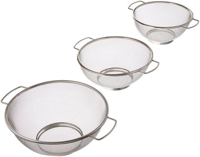 FINE MESH COLANDER WRESTING BASE DISHWASHER SAFE VEGETABLES FRUIT 3 PIECE STRAINER SET 8 9 10 STAINLESS STEEL