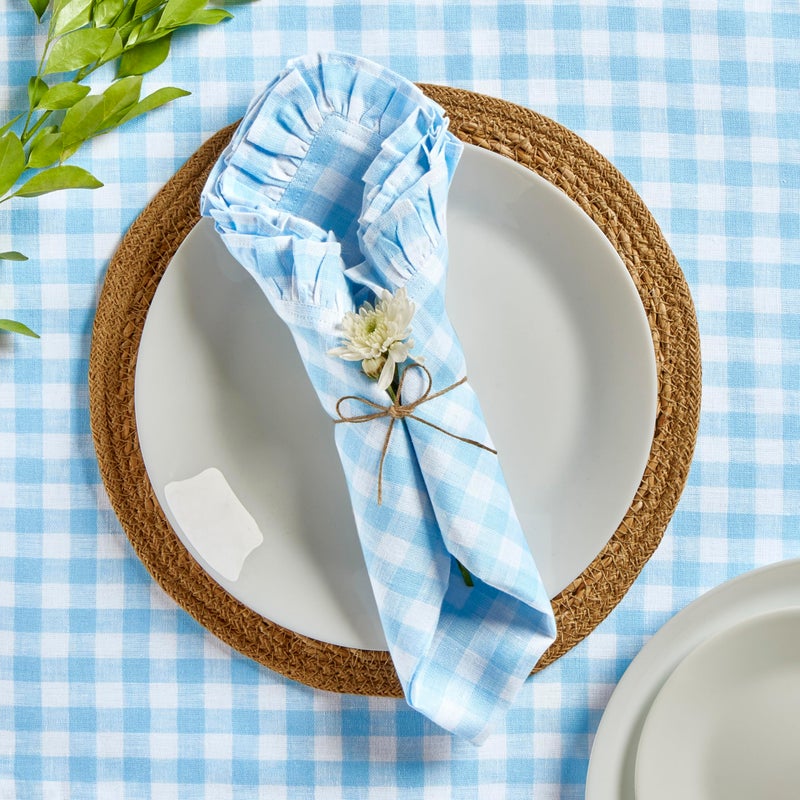 Solino Home Solino Home Linen Gingham Check Dinner Napkins 20 x 20 Inch - 100% Pure Linen Blue Bell Plaid Cloth Napkins Set of 4 - Gingham Ruffle  Handcrafted and Machine Washable Fabric  - Image 2