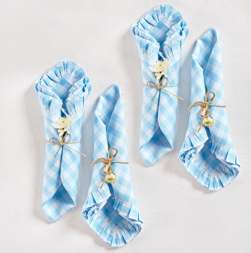 Solino Home Solino Home Linen Gingham Check Dinner Napkins 20 x 20 Inch - 100% Pure Linen Blue Bell Plaid Cloth Napkins Set of 4 - Gingham Ruffle  Handcrafted and Machine Washable Fabric  - Image 1