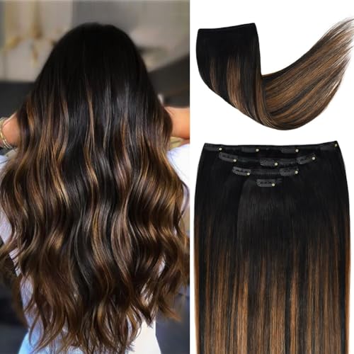 Winsky 18 Hair Extensions Balayage Clip in Human Hair for Women Silky Straight Natural Black to Chestnut Brown Highlight Black Ombre Hair 60grams 4pieces 1BT6 P1B Color