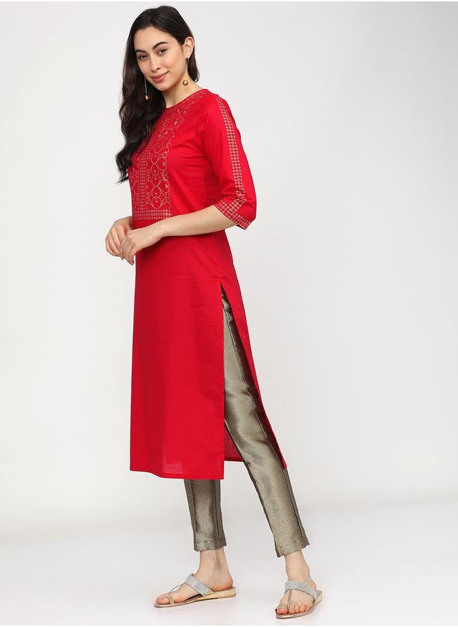 Vishudh Women Red Ethnic Motifs Printed Keyhole Neck Thread Work Kurta by Styli  - Image 2