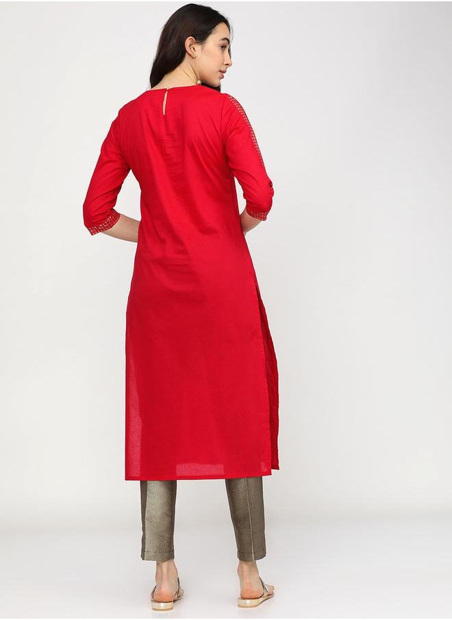 Vishudh Women Red Ethnic Motifs Printed Keyhole Neck Thread Work Kurta by Styli  - Image 3