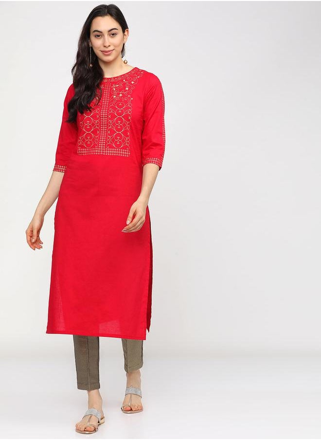 Vishudh Women Red Ethnic Motifs Printed Keyhole Neck Thread Work Kurta by Styli  - Image 1