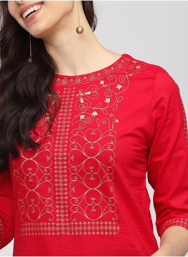 Vishudh Women Red Ethnic Motifs Printed Keyhole Neck Thread Work Kurta by Styli  - Image 4