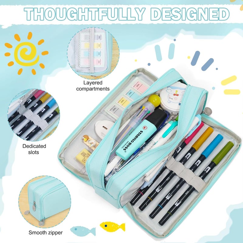 CICIMELON Multiple options Pencil Case Large Capacity Pencil Pouch 3 Compartments Pencil Bag Gift for Students Girls Adults Women（Light Blue） Rack friendly - Image 3