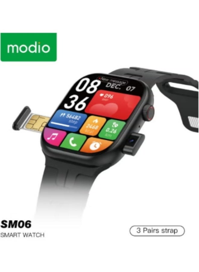 modio SM06 Smartwatch with SIM Card Support Dual Camera 3 Interchangeable Straps and Wireless Charging For Ladies and Gents Black - Image 1