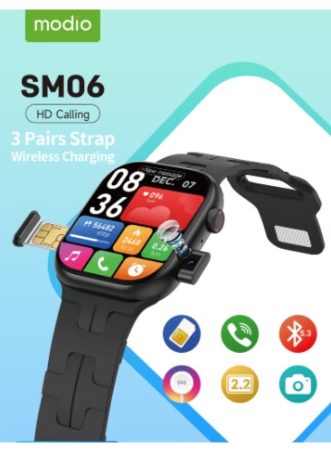 modio SM06 Smartwatch with SIM Card Support Dual Camera 3 Interchangeable Straps and Wireless Charging For Ladies and Gents Black - Image 2
