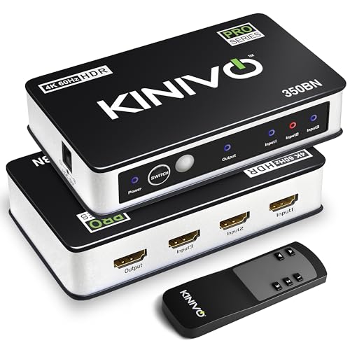 Kinivo HDMI Switch 3 in 1 Out 4K 60Hz (HDR 10, High Speed 18Gbps, IR Remote, HDCP2.2, Dolby Vision, VRR) - 350BN Switcher Compatible with Roku, PS5, Xbox, Apple TV, Nintendo Switch 2, Cable Box - Image 1