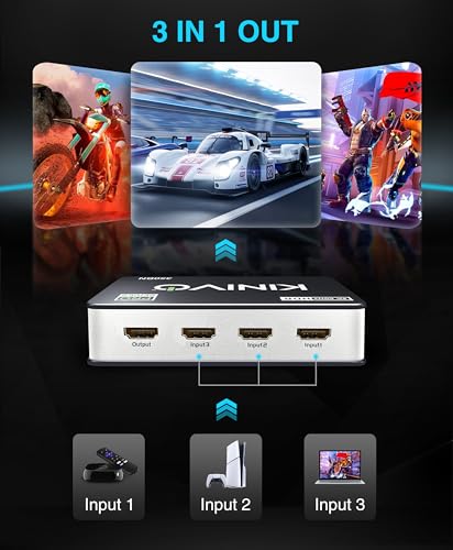 Kinivo HDMI Switch 3 in 1 Out 4K 60Hz (HDR 10, High Speed 18Gbps, IR Remote, HDCP2.2, Dolby Vision, VRR) - 350BN Switcher Compatible with Roku, PS5, Xbox, Apple TV, Nintendo Switch 2, Cable Box - Image 3