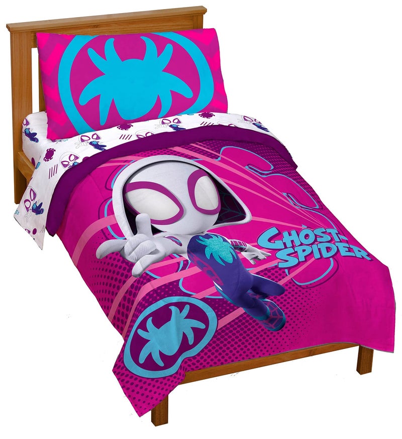 Marvel Spidey  His Amazing Friends Ghost Spider Gwen 4 Piece Toddler Bed Set  Bedding Includes Comforter  Sheet Set  Super Soft Fade Resistant Microfiber