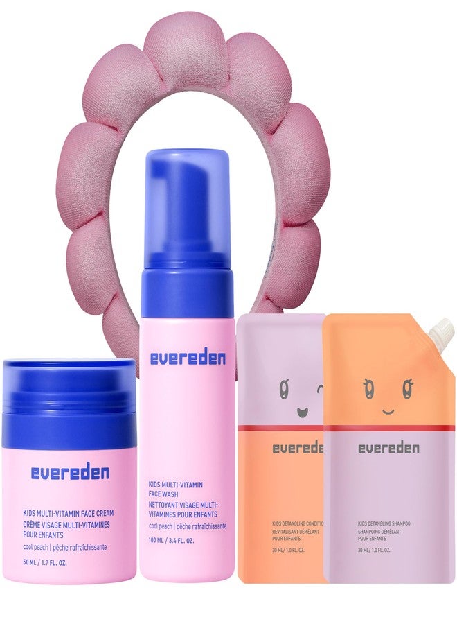 Evereden Kids Complete Hair & Face Set: Multi-Vitamin Face Wash & Face Cream, Travel-Size Mini Detangling Shampoo & Conditioner, and Kids Spa Headband - Clean & Vegan - Ages 3+ - Image 1