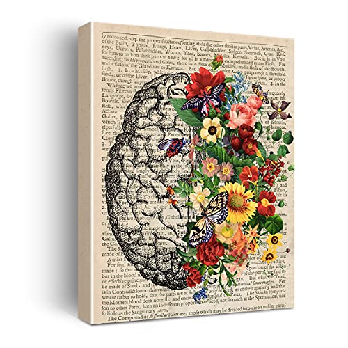 Hijie Vintage Human Anatomy Poster - Anatomy Canvas Wall Art Anatomical Brain Flower Floral Canvas Print Painting Ready to Hang Gifts for Home/ Office/Medical School Decor - Easel & Hanging Hook 12x15 Inch - Image 1