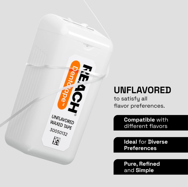 REACH شريط خيط الأسنان الشمعي REACH Dentotape، بدون نكهة، خيط عريض جداً، مقاوم للتقطيع والتلف، مزيل للبلاك للأسنان، سهل على اللثة والأسنان، للعناية الفموية، خالي من PFAS، للبالغين والأطفال، عبوة واحدة، 100 ياردة - Image 4