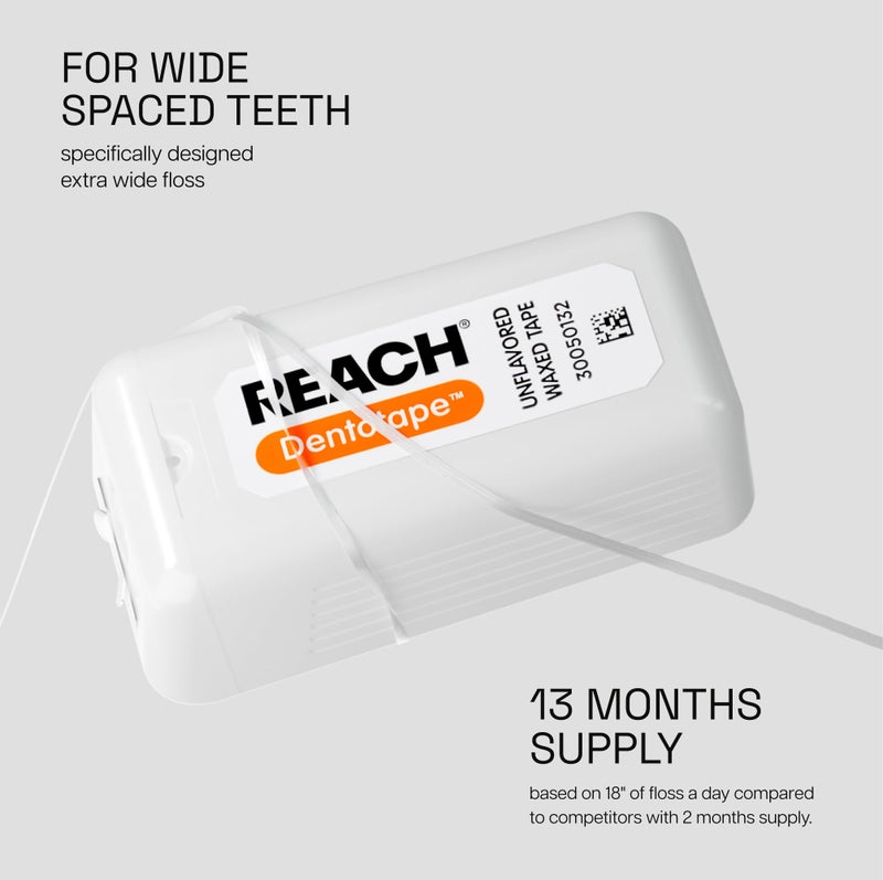 REACH شريط خيط الأسنان الشمعي REACH Dentotape، بدون نكهة، خيط عريض جداً، مقاوم للتقطيع والتلف، مزيل للبلاك للأسنان، سهل على اللثة والأسنان، للعناية الفموية، خالي من PFAS، للبالغين والأطفال، عبوة واحدة، 100 ياردة - Image 2