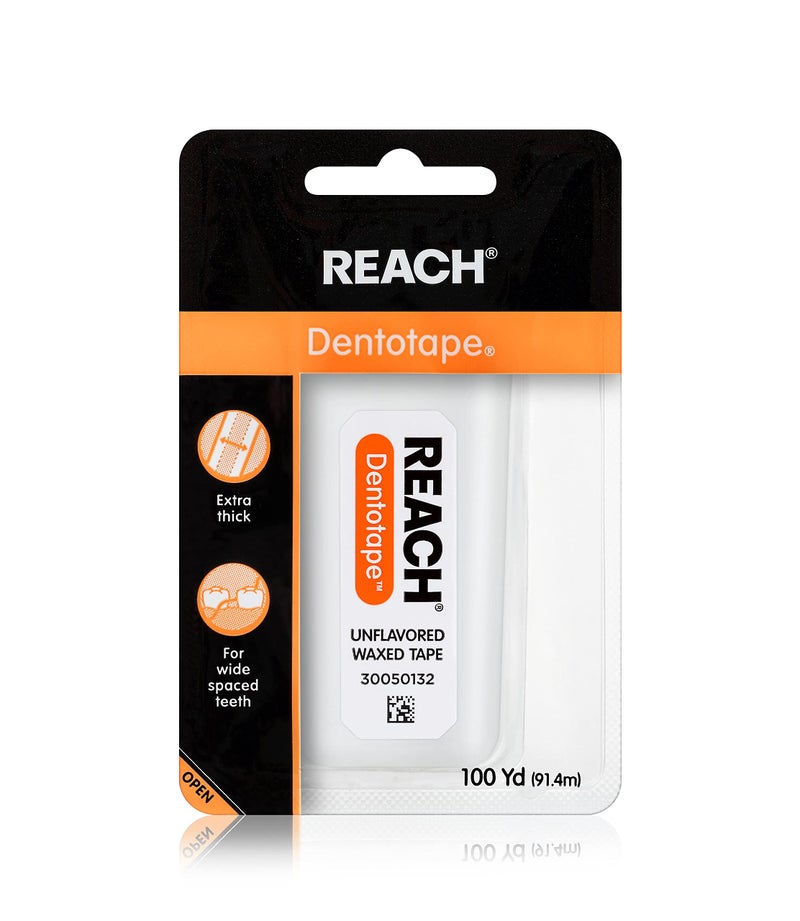 REACH شريط خيط الأسنان الشمعي REACH Dentotape، بدون نكهة، خيط عريض جداً، مقاوم للتقطيع والتلف، مزيل للبلاك للأسنان، سهل على اللثة والأسنان، للعناية الفموية، خالي من PFAS، للبالغين والأطفال، عبوة واحدة، 100 ياردة - Image 1