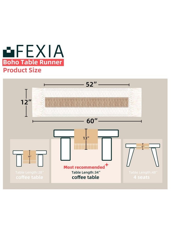 FEXIA مفرش طاولة FEXIA Boho مع شرابات بطول 60 بوصة، مفرش طاولة من المكرمية الكريمي والبني على طراز ريفي ريفي، مناسب للمنزل وغرفة الطعام وغرفة النوم وحفلات الزفاف (12 × 60 بوصة) - Image 2