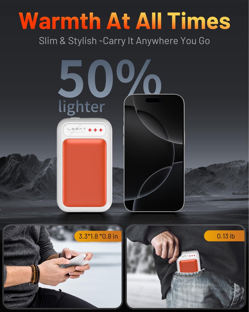 Lerat Hand Warmers Rechargeable 2 Pack  Electric Hand Warmers  Fast Heating  Portable Pocket Heater  2 In 1 Quick Charge Hand Warmer For Outdoor Indoor  Warmer Gift For Women Men  Golf  Camping-Orange - Image 2
