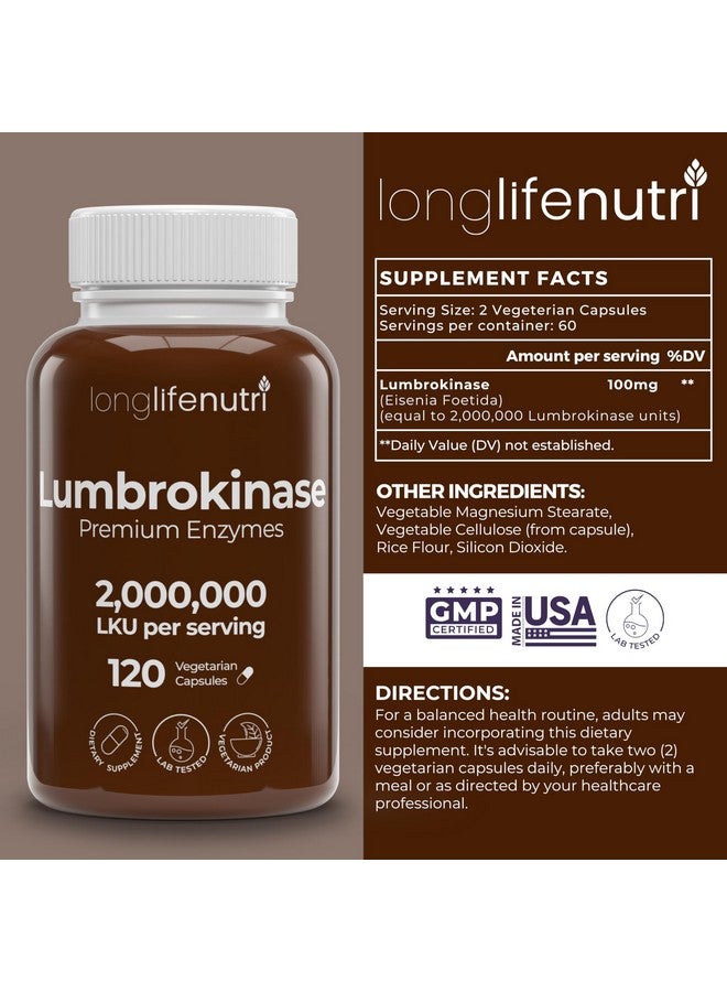 LongLifeNutri Lumbrokinase 100mg - Maximum Activity 2,000,000 Units Per Serving, 120 Vegetarian Capsules, 2-Month Supply, Natural Enzyme Supplement for Circulatory Health, Lab Tested, Made in USA - Image 2
