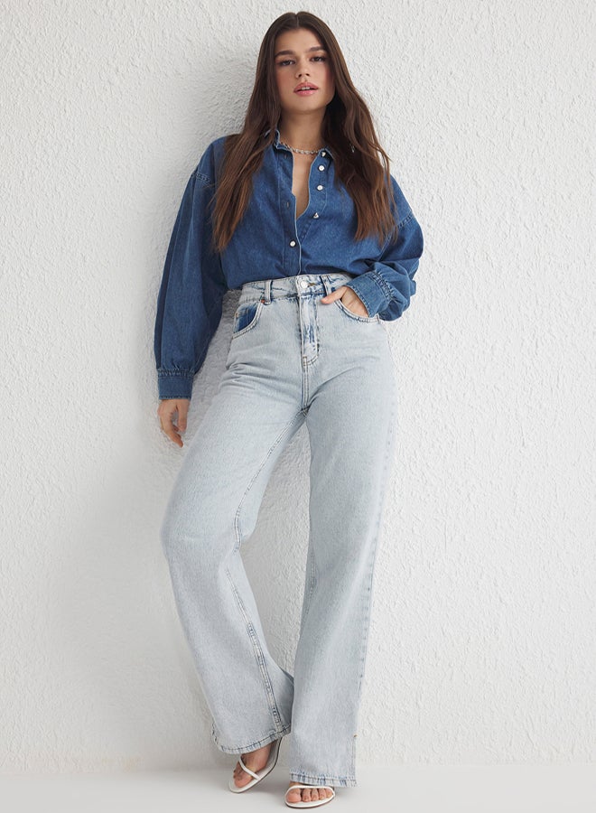 trendyol Light Blue Slit Hem High Waist Wide Leg Jeans - Image 2