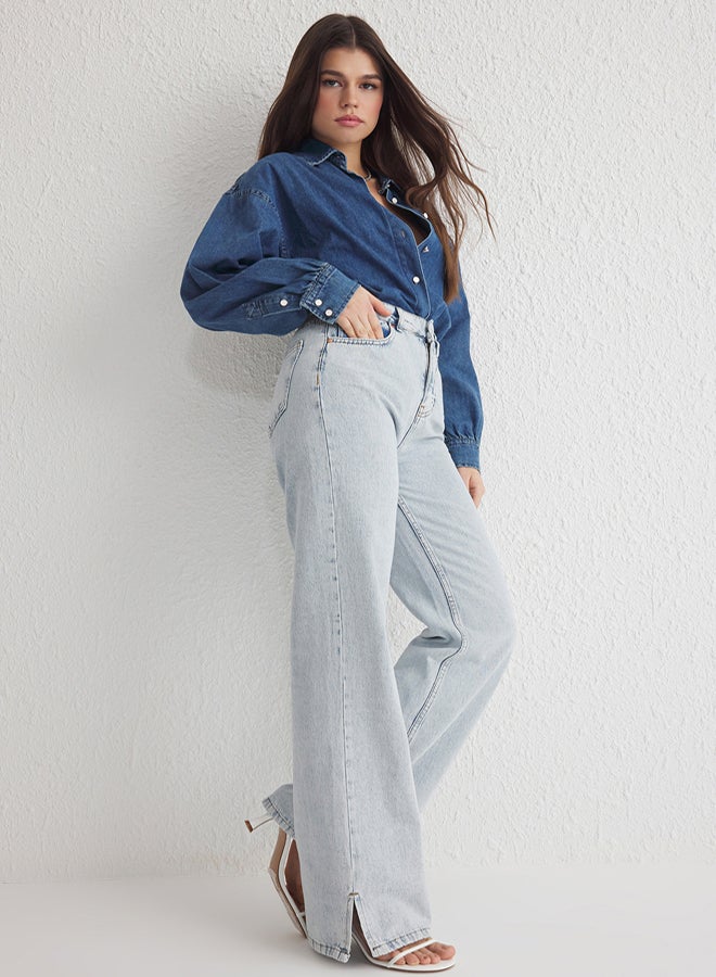 trendyol Light Blue Slit Hem High Waist Wide Leg Jeans - Image 1