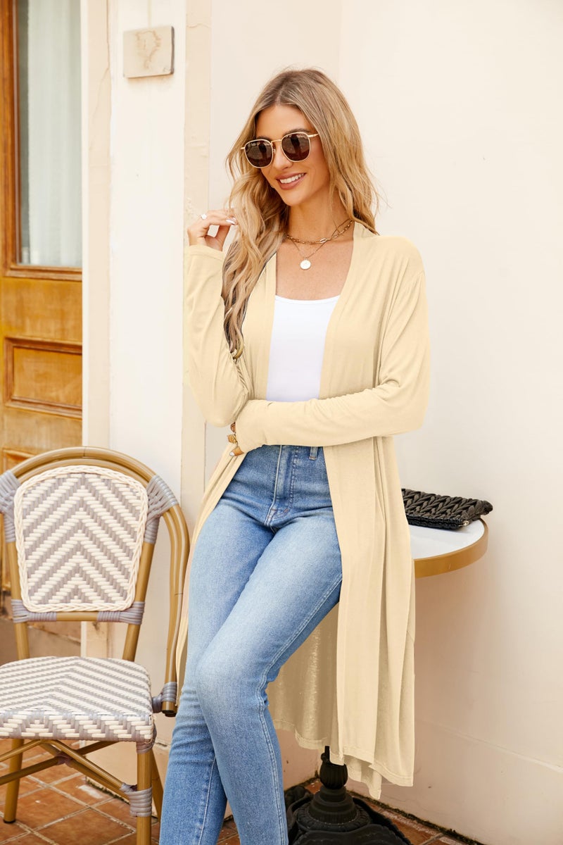 Newchoice Open Front Cardigan for Women Long Sleeve Casual Soft Flowy Pocket Oversized Long Duster Cardigan(Beige,M)