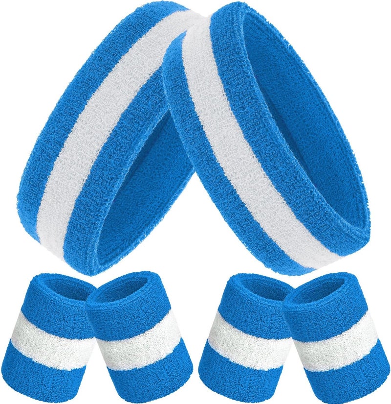 Bememo 6 Pcs Neon Sweatbands Set for Men Women 80s Tennis Striped Headband Sports Wristband Set Costumes Glow Cosplay Party - Image 1