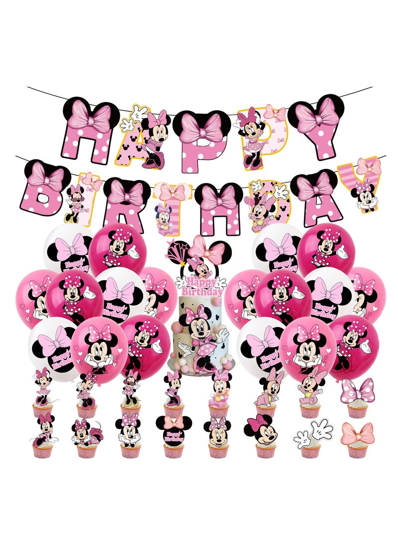 Minnie Mouse Balloon Party Kit with Happy Birthday Banner, Cake Decoration, Tablecloth Background Tableware Set, Perfect for Graduation Baby Shower Birthday Bachelor Party Background Decoration - Image 1