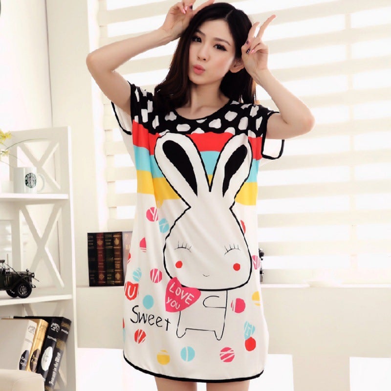 Cross-border e-commerce foreign trade adult pajamas live cartoon female culture nightgown cute short-sleeved conjoined home Wave Point Rabbit