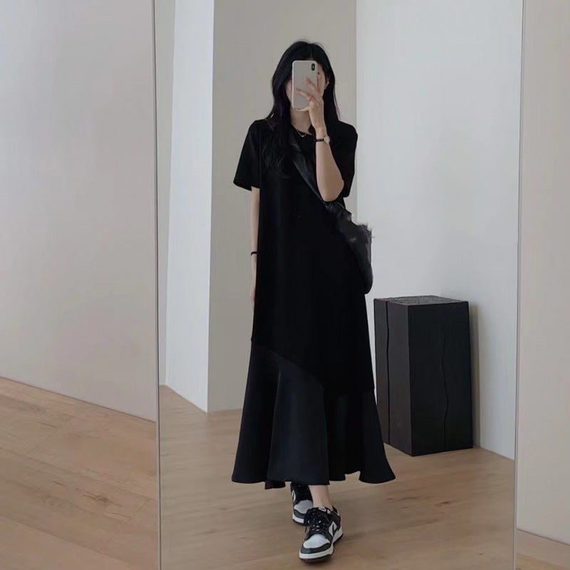 2024 Spring and Summer New Korean Style Loose Slimming Acetic Acid Lotus Leaf Hem with Copper Ammonia Silk Fishtail Small Black Dress dress Dress