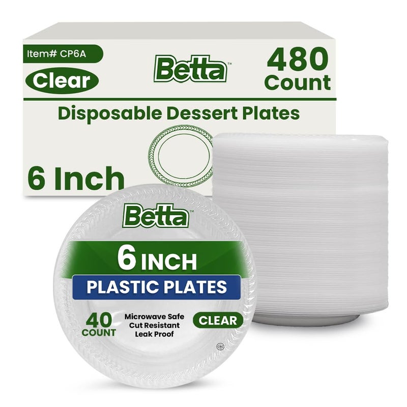 Betta 6-Inch Disposable Plastic Dessert Plates, Clear, 480 Count, Bulk Case for Schools, Breakrooms and Cafeteria, Microwave Safe (12 Pack Per Box x40) - Image 1