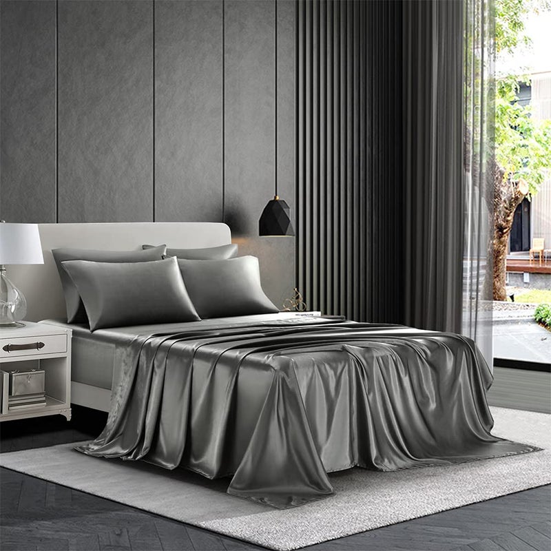 AiMay 6 Piece Satin Bedding Sheet Set Queen Grey Deep Pocket 1800 Series Luxury Rich Silk Silky Super Soft Solid Color 4 Pillowcases Reversible Sexy Honeymoon Wrinkle Free QueenGrey