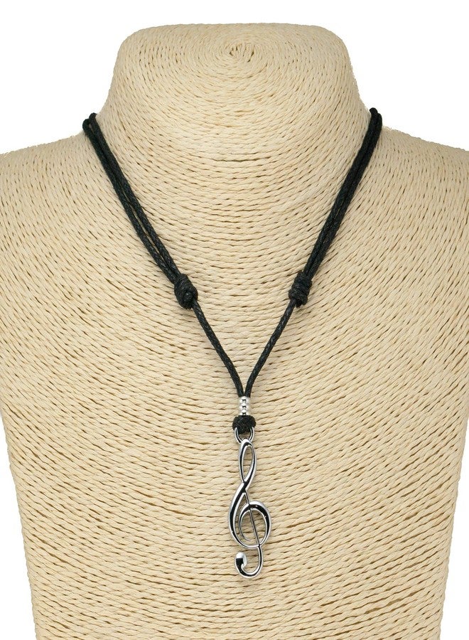 BlueRica Treble G Clef on Adjustable Black Cord Necklace (Chrome Finish) - Image 2