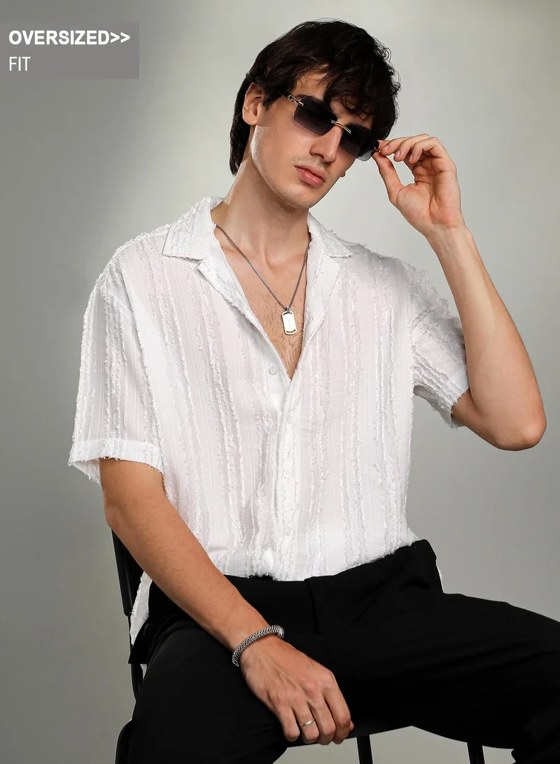 Campus Sutra Men's Black & White Contrast Rhombus Oversized Shirt For Casual Wear | Cuban Collar | Short Sleeve | Button Closure | Oversized Shirt Crafted With Comfort Fit For Everyday Wear