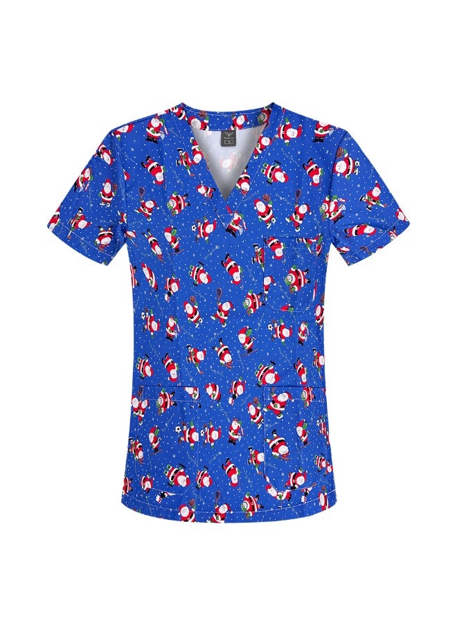 NIBEMINENT Elastic Teeth Dental Christmas Cartoon Pattern Short Sleeved Women's V-Neck Printed Top Nurse Uniform - Image 1