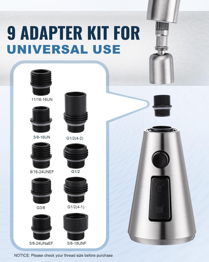 ALEASHA Pull Down Spray Head for Kitchen Faucet,3-Function Sink Spray Nozzle with 9 Adapters,Kitchen Faucet Head Replacement Compatible with Moen,American Standard Faucets,Brushed Nickel - Image 3