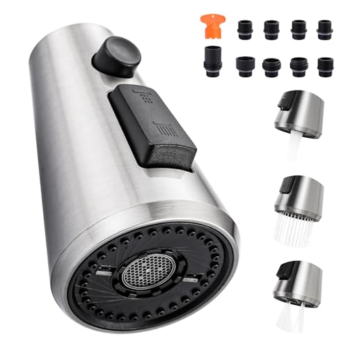 ALEASHA Pull Down Spray Head for Kitchen Faucet,3-Function Sink Spray Nozzle with 9 Adapters,Kitchen Faucet Head Replacement Compatible with Moen,American Standard Faucets,Brushed Nickel - Image 1