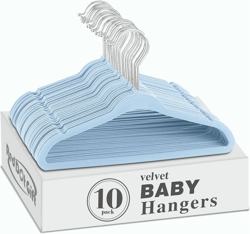 Red Dot Gift® 10-Pack Baby Velvet Hangers - Nursery Clothes Hangers Non Slip Toddler Hangers, 360 Chrome Swivel Hook (Blue, 28 cm) - Image 1