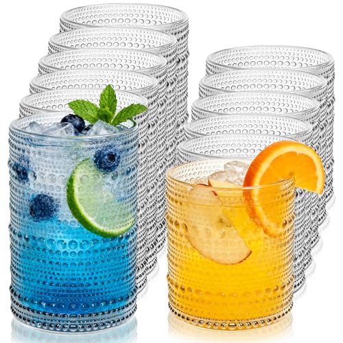 GGOLDMER Vintage Hobnail Drinking Glasses Set of 12, 12 Oz Highball Glasses and 10 Oz Cocktail Glasses, Kitchen Glassware Set, Clear Drinking Glass Cups for Cocktail, Whiskey, Beer, Juice, Water, Milk - Image 1